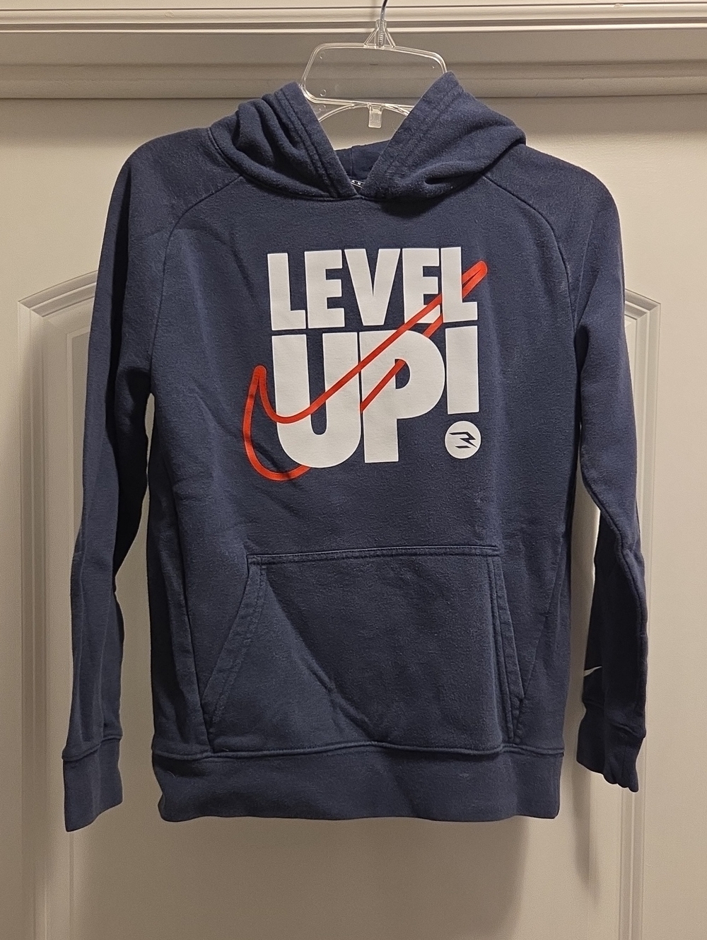 Navy Hoodie with White 'LEVEL UP!' Graphic and Red Swoosh